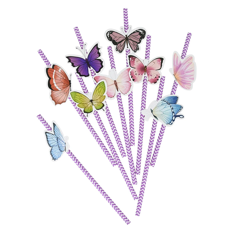 24 قطعة من شفاطات الورق على شكل فراشة أرجوانية، شفاطات مخططة للشرب على شكل فراشة، زينة لحفلات أعياد الميلاد وحفلات الزفاف للفتيات
