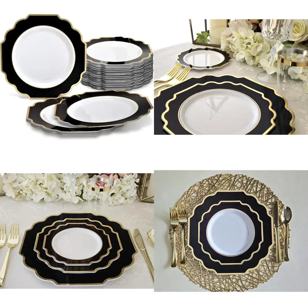 

Тяжелые одноразовые пластиковые тарелки для свадебной вечеринки, упаковка 60 шт., размер ужина 10,5, белый и черный императорский стиль, элегантный случай
