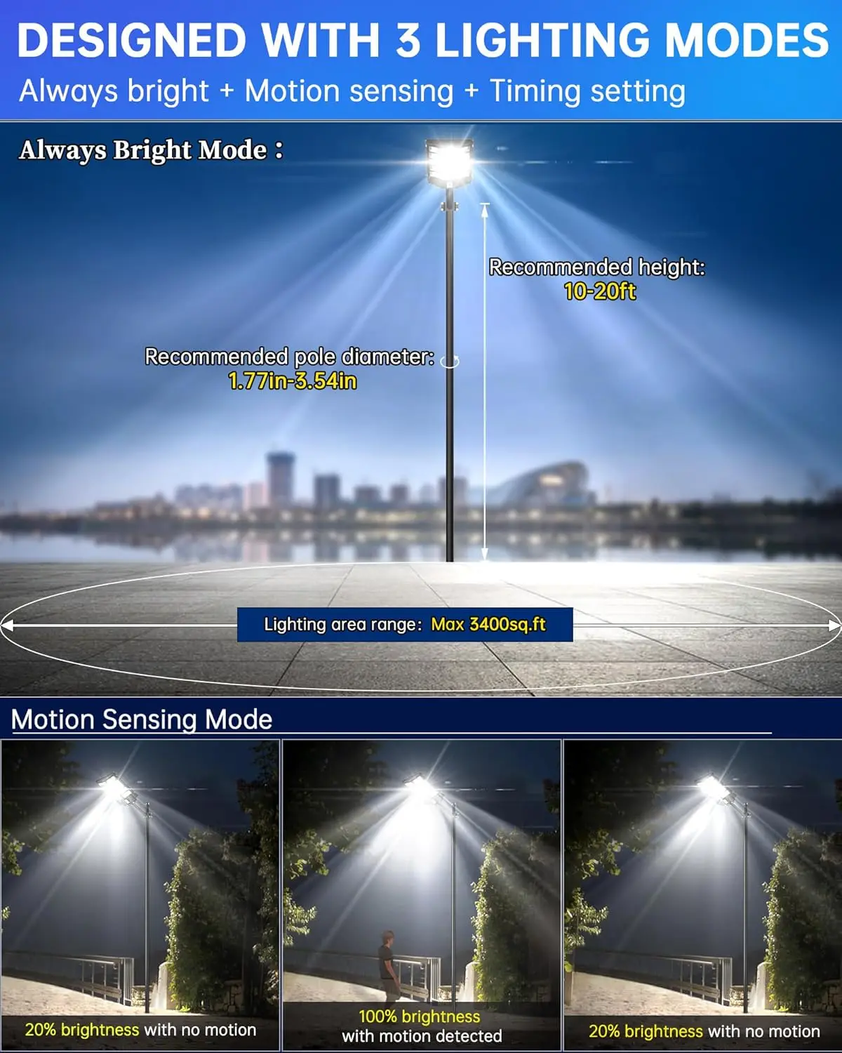 Solar Security Flood Lights, Lot Light, Crepúsculo ao Amanhecer, IP67, 6500K