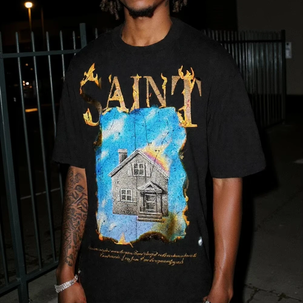 

Burning House Prints Saint T Shirt Men Women Best Quality Tee Tops Oversized T-Shirt