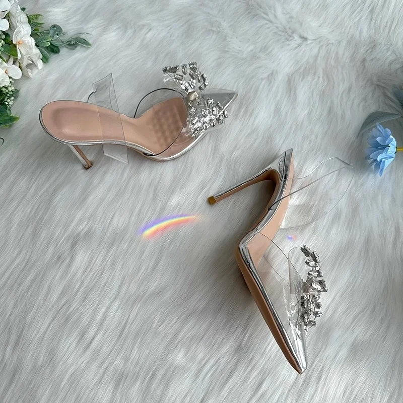 Summer Transparent PVC Lady Sandals Pointed Toe Stiletto High Heels Back Strap Rhinestone Bow Elegant Pumps Wedding Casual Shoes