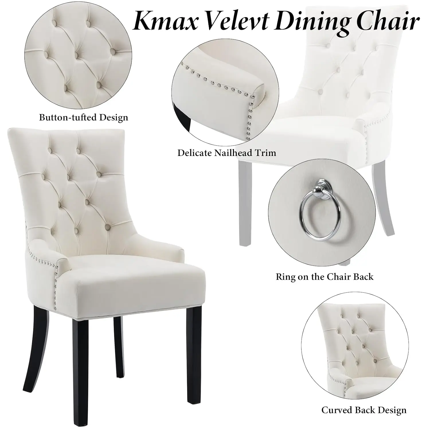 Velvet Dining Chairs Set of 4 Upholstered Side Accent Mid Century Modern Tufted Black Wood Legs Dining Guest Room Cream