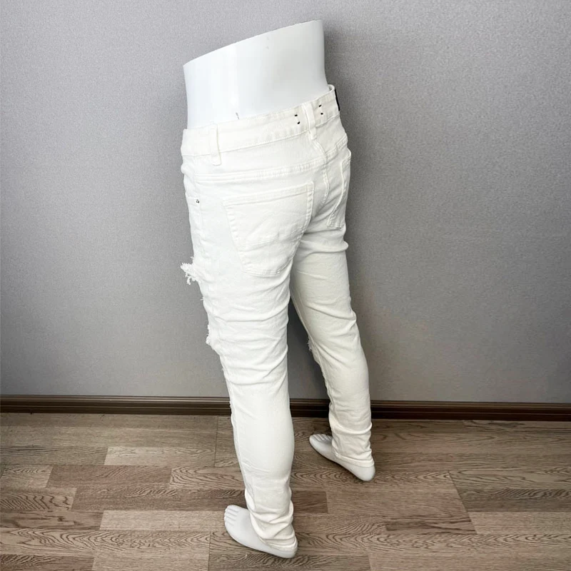 

Street Designer High Street Fashion NewMen's Jeans Elastic Slimming Retro Beaded Patch White Jeans Hip Hop Pants HombreY2K