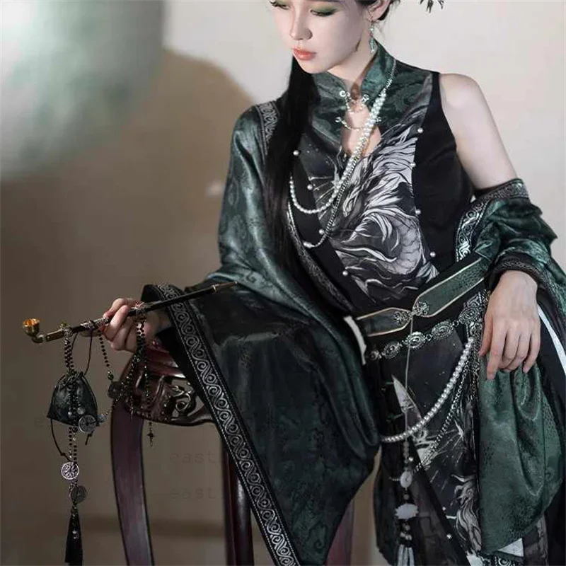 

National Style Han Elements Printing Song Pants Tops New Chinese Style Hanfu Cos Cosplay Blackish Green Outer Shirt Hanfu Suit