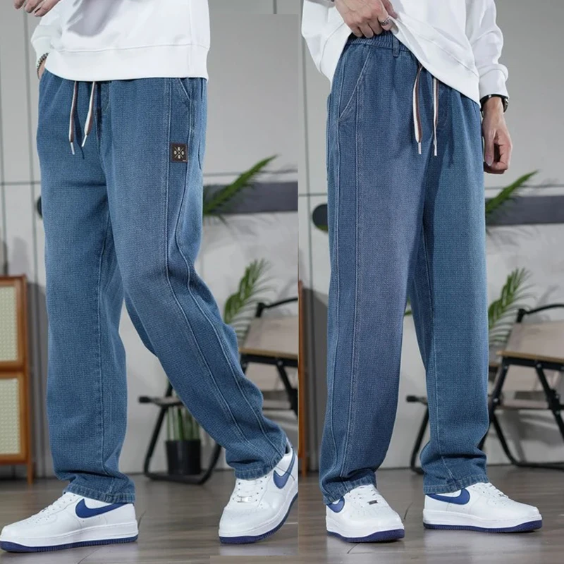

Мужские джинсы из хлопкового денима с широкими штанинами, прямым кроем, высокой талией и эластичным поясом, универсальная осенняя одежда