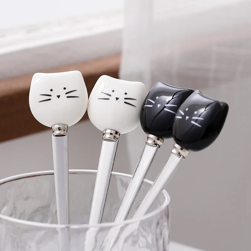 Flatware Kitchen Tool Ice Cream Cartoon Spoon Stainless Steel Coffee  Cat Ceramic