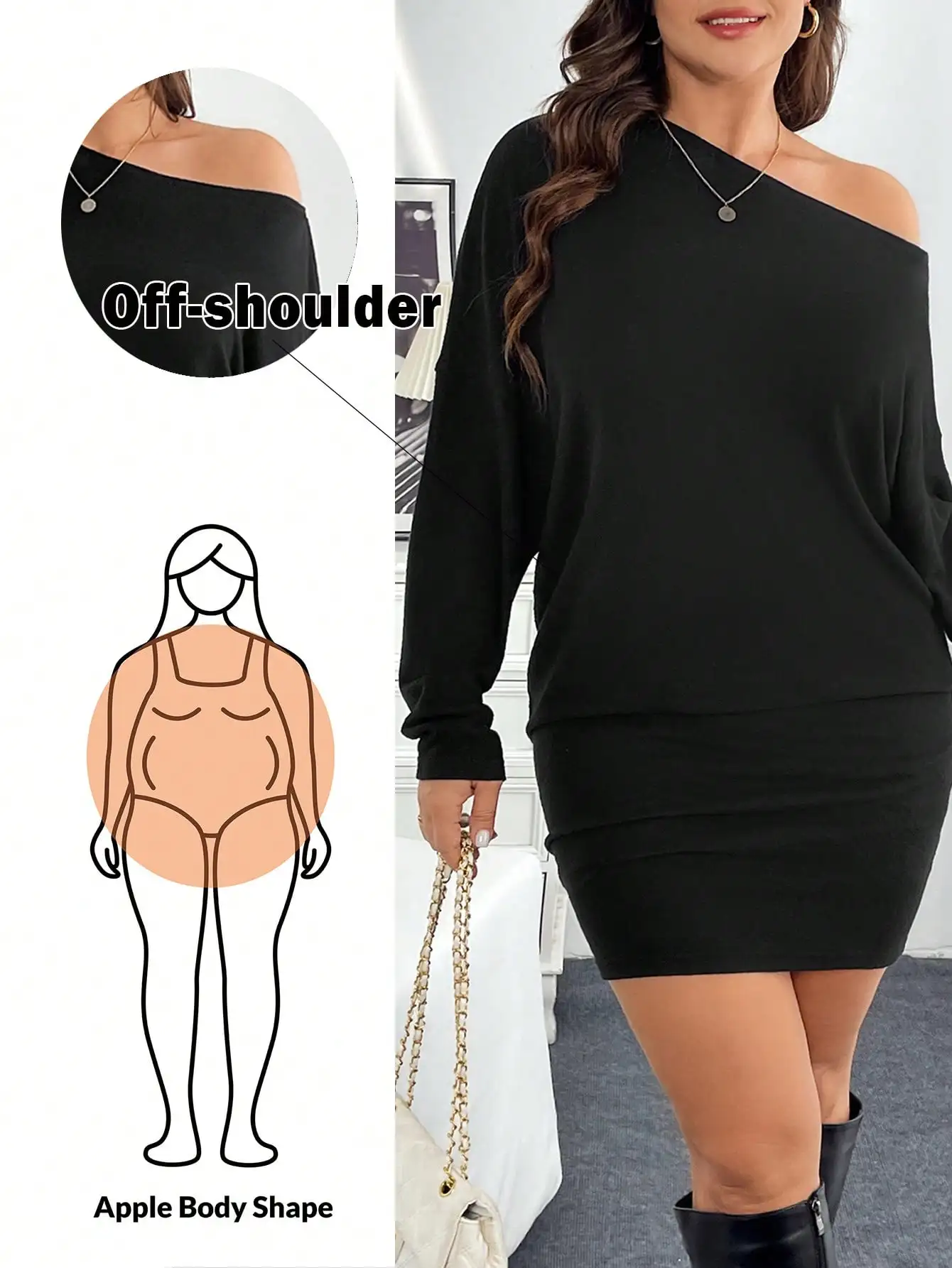 

Мини-платье с открытыми плечами больших размеров, асимметричное черное облегающее платье