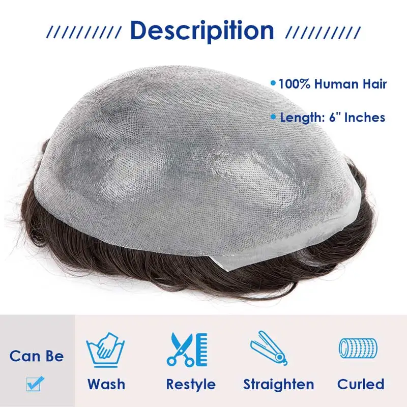 0.04-0.06mm Knotted Skin Toupee Mens Wig Natural Hairline Microskin Male Hair Prosthesis Wigs Human Hair Mens Hair System Unit