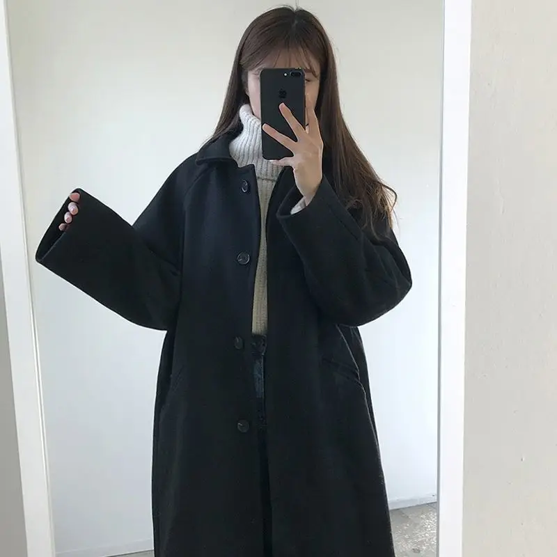 Black Long Coat Women Thick Winter Korean Short with Velvet Mid-length Woolen Coat Woman Parkas Free Shipping Wrap Coat Autumn