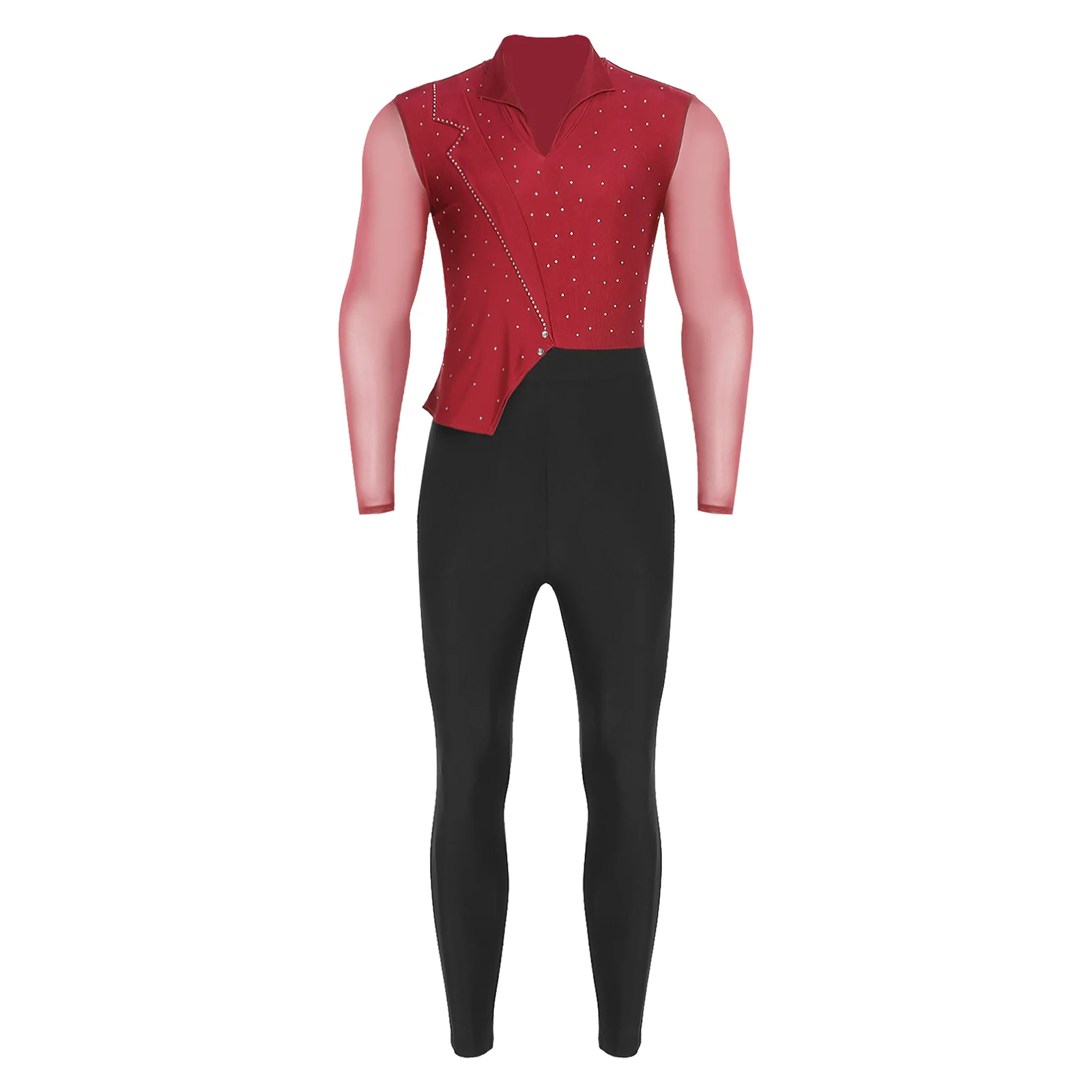 

Men Asymmetrical Dance Jumpsuit Sheer Mesh Long Sleeves Shiny Rhinestones Color Block Bodysuit for Performance Competition