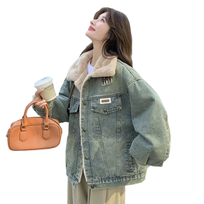 Abrigo de vaquero americano para mujer, Parka gruesa con forro polar de invierno, Chaqueta de algodón holgada, prendas de vestir exteriores, abrigos cálidos informales, 2025