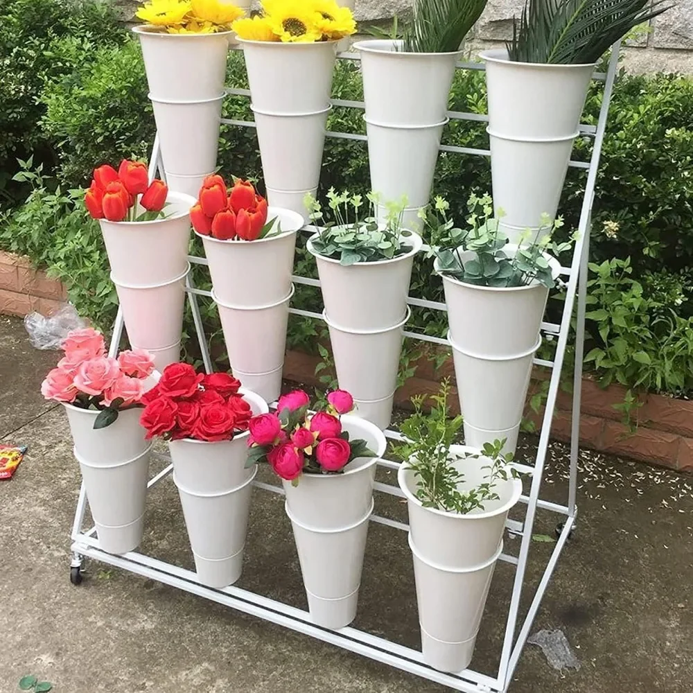 Display stand with 12 plastic buckets, iron plant stand with 4 universal wheels, 3 layers of metal mobile florist bouquet stand