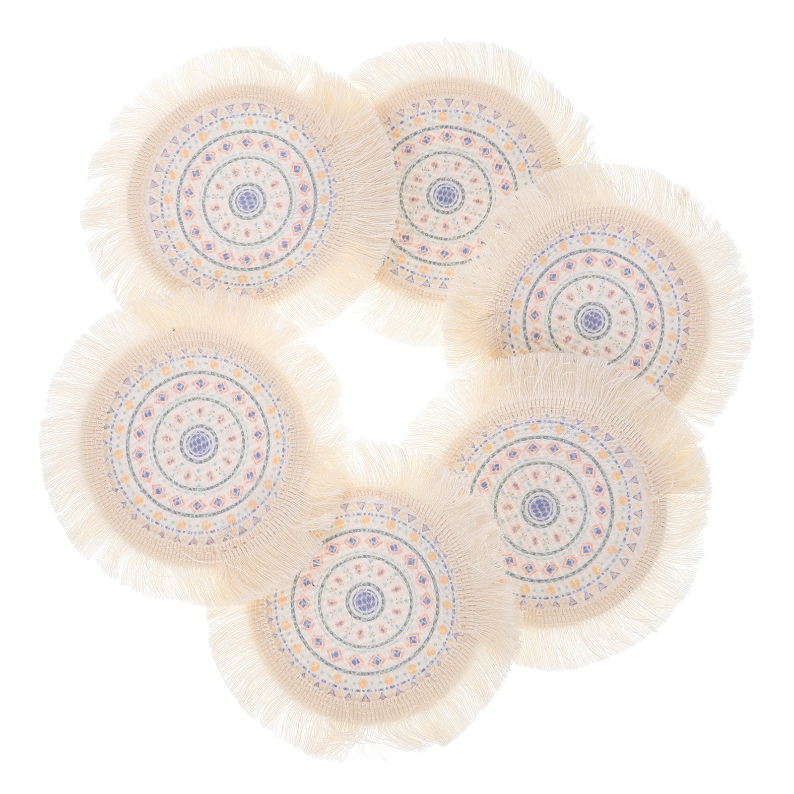 

6 Pcs Round Placemats Cotton Tassel Tableware Mats 16CM Boho Style Heat Insulated Kitchen Coasters Easy Wash Fabric Pad
