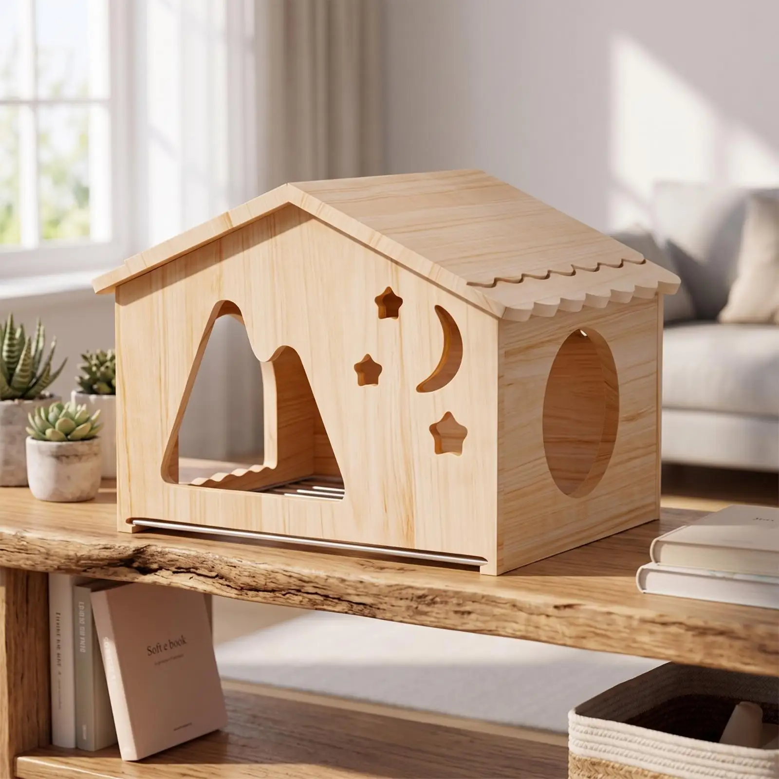 Parakeet Breeding Nest House with Sloped Wooden Roof and Metal Tray for Clean Indoor Cage Use