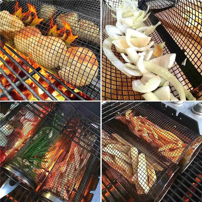 簡単に回転できるグリルバスケット、屋外グリルbbqネットチューブ、ステンレス製丸型メッシュバーベキューワイヤーシリンダーケージ、ピクニック用