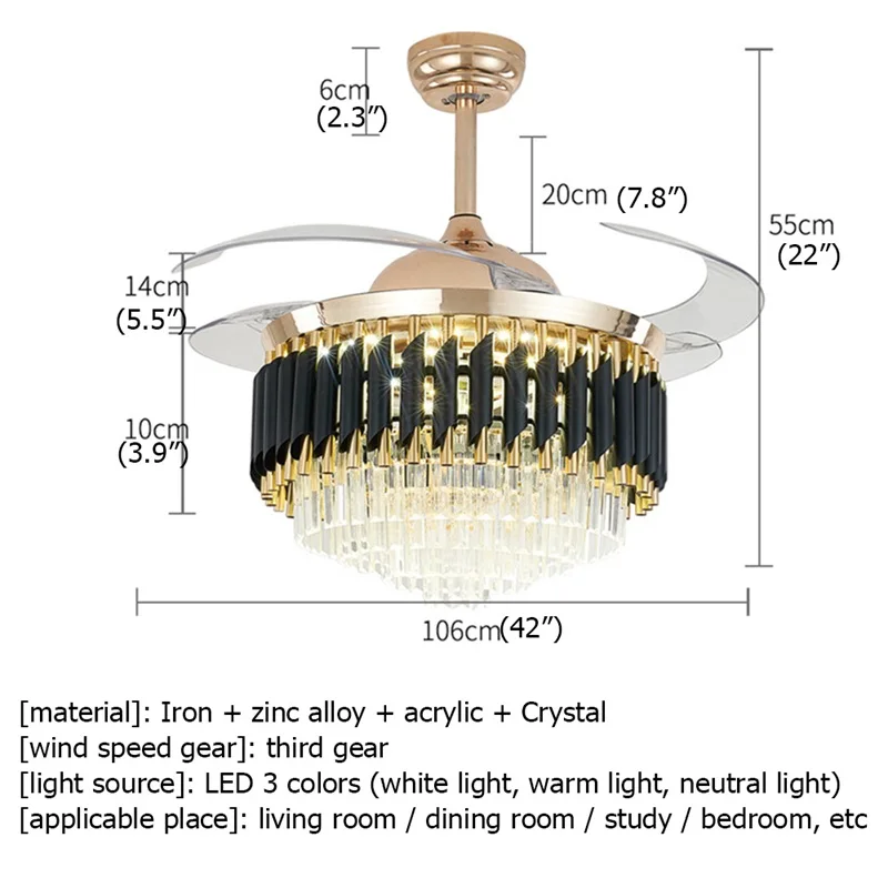 RONIN новый потолочный вентилятор светильник, невидимый роскошный светильник со стразами, с дистанционным управлением, современный для дома