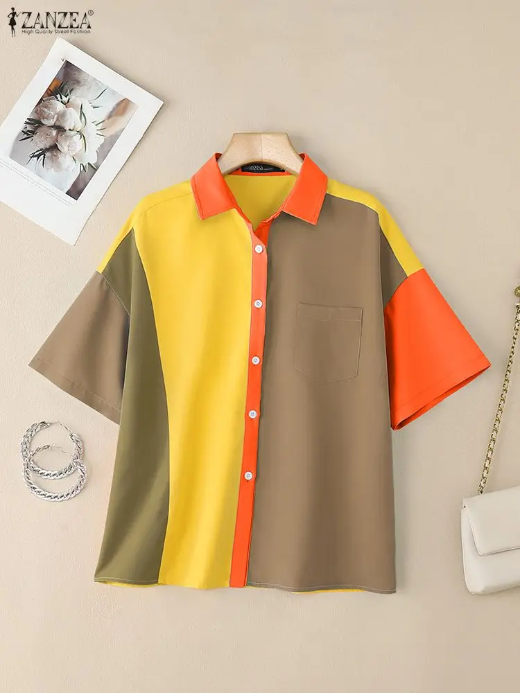 Zomer Stijlvol Shirt 2023 ZANZEA Vrouwen Patchwork Blouse Revers Hals Korte Mouw Werk Blusas Vrouwelijke Contrast Kleur Tops Oversize