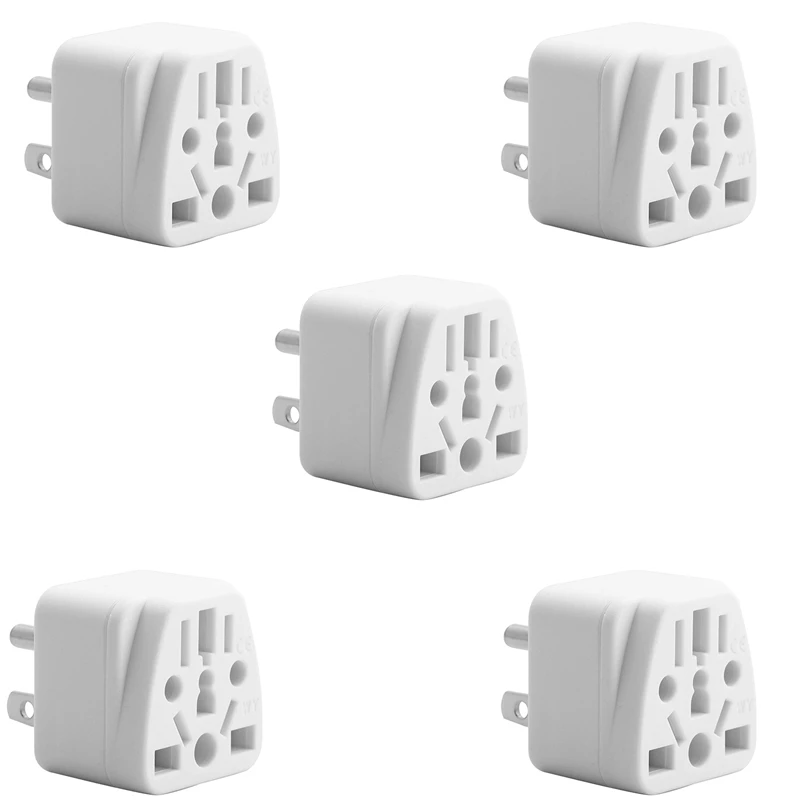 5X US Travel Plug Adapter EU/UK/AU/In/CN/JP/Asia/Italy/Brazil To USA (Type B), 3 Prong USA Plug, Charger Converter White