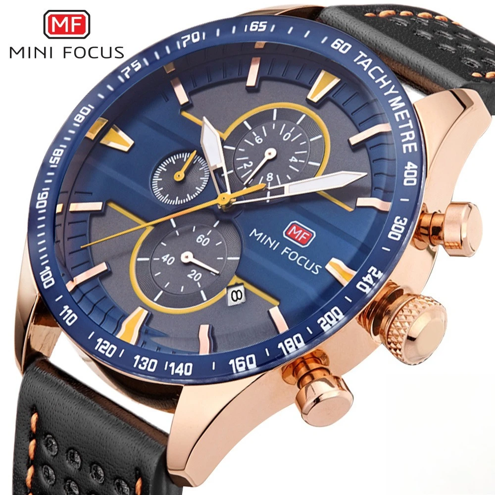 MINI FOCUS Men Racing Chronograph Watch Blue Tachymeter Dial Leather Strap Waterproof Quartz Calendar Male Business Casual0002G