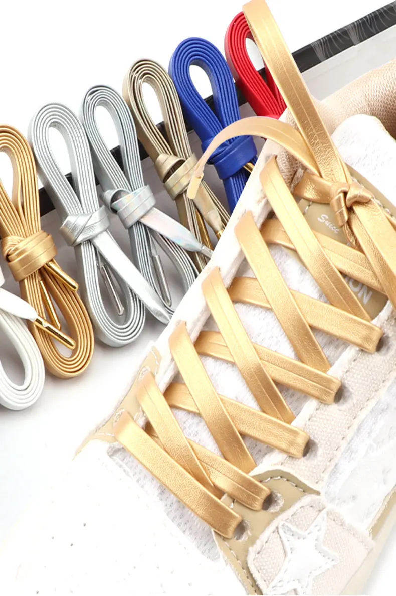 Neue Gold-Silber Flache Seilschnürsenkel Luxuriöse Kunstleder-Schnürsenkel mit Metallkopf für Sneakers und Freizeitschuhe 80/100/120/140/160cm – Detail 1