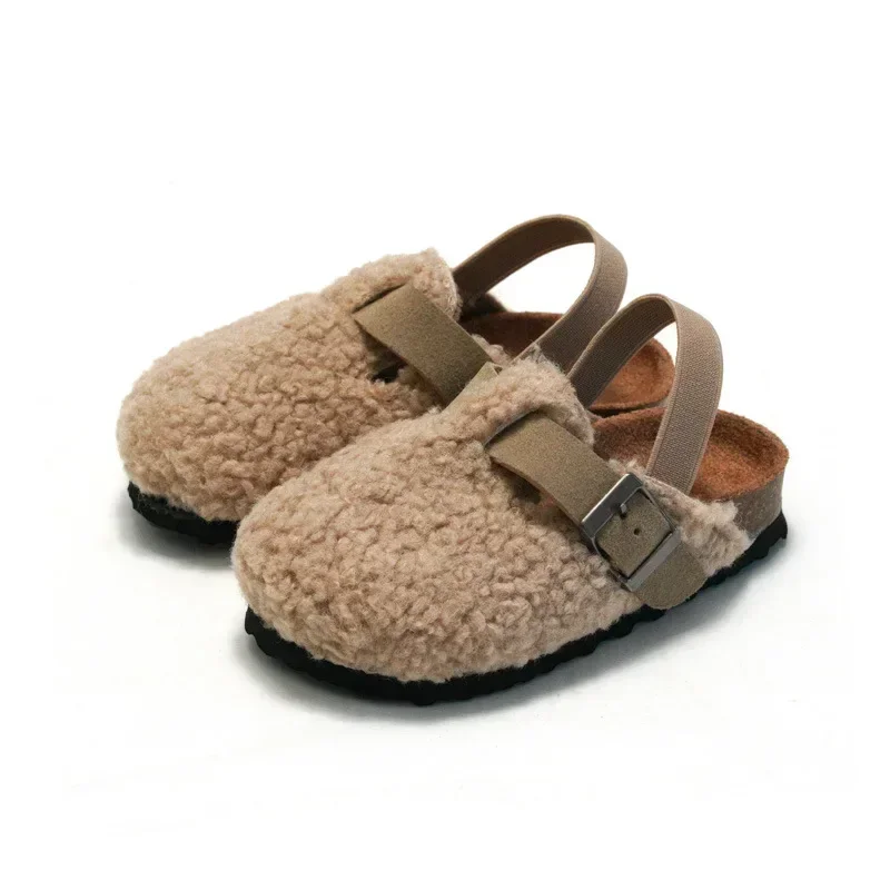 Child Baby Boys Girls Warm Fuzzy Slipper Plush Sandals Cork Faux Fur Flats Toddler Prewalker Slipper Elastic Back Strap