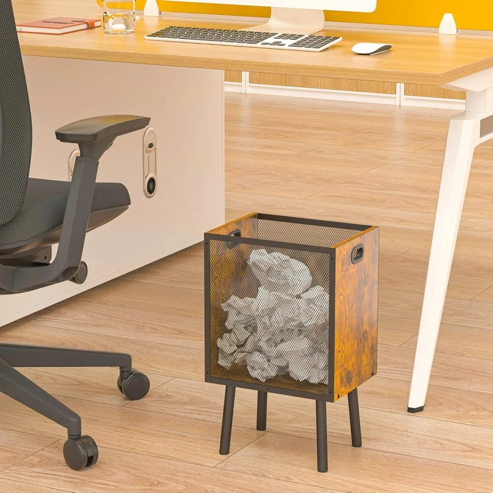 سلة مهملات مكتبية سعة 4.5 جالون للمكتب المقرب، سلة مهملات مستطيلة لغرفة النوم الخشبية مع شبكة - مقابض - ساق، صغيرة