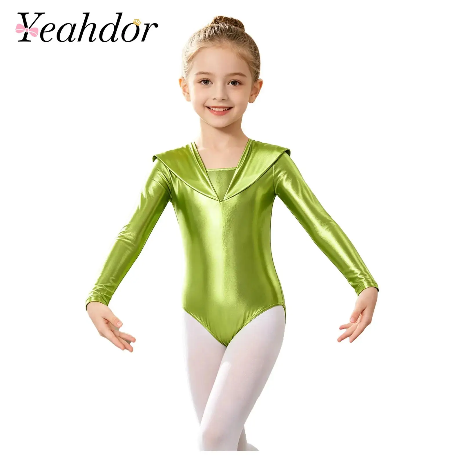 Kids Girls Metallic Dance Leotard Long Sleeve Cutout Back Bodysuit for Gymnastics Performance Alien Theme Party Halloween Outfit