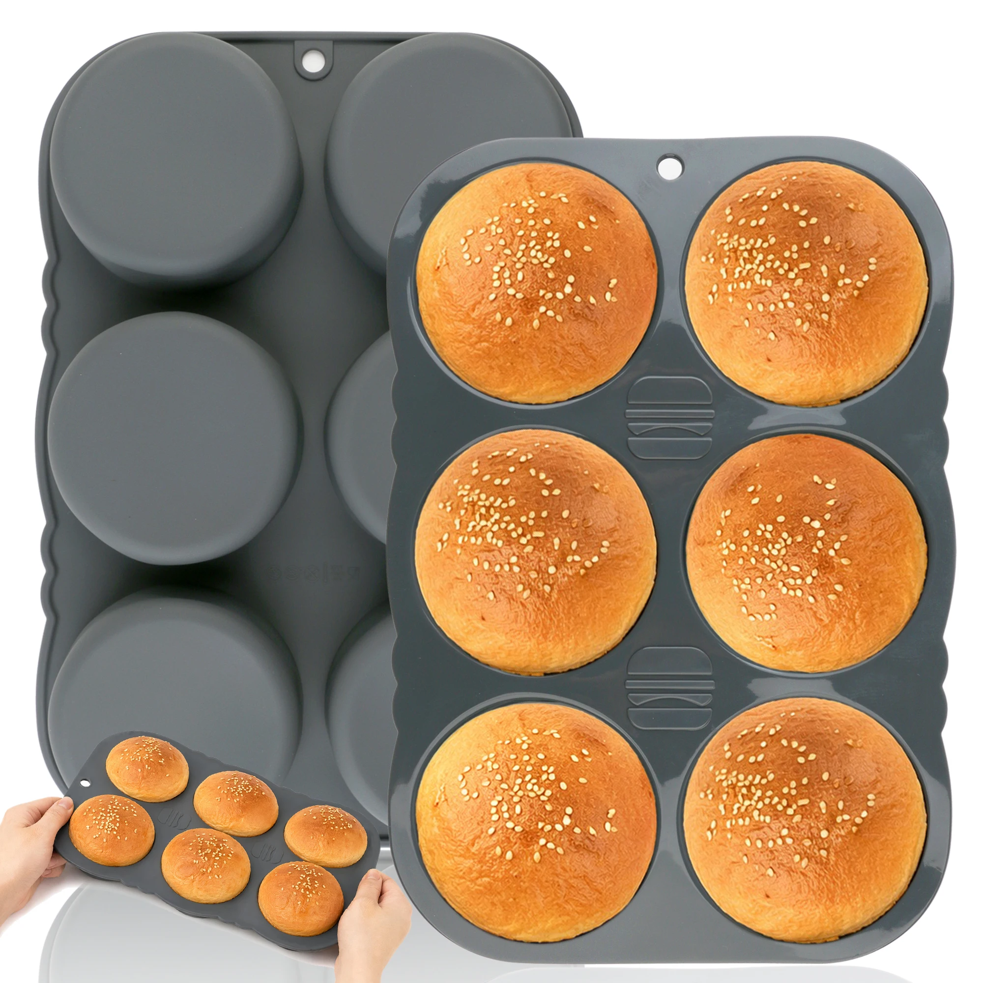 1-Pack Silicone Burger Tray Non-Stick Thick 6-Hole Silicone Mold for Mini Buns French Bread Burger Baking