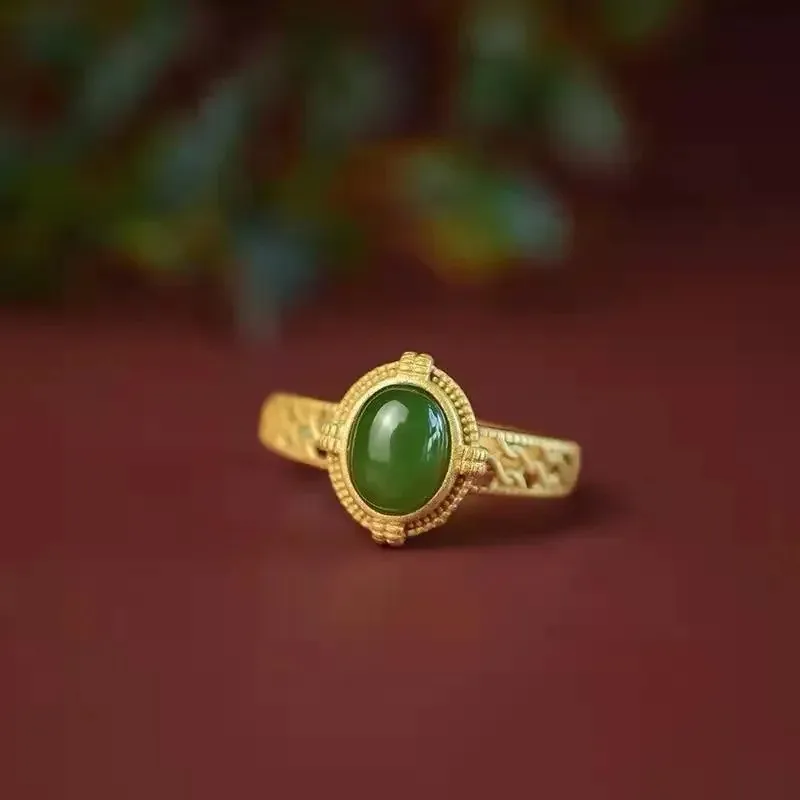 Natural Green Hand Carved Egg Faced Jade Ring Fashion Boutique Men's and Women's Ring Gift Opening Adjustable