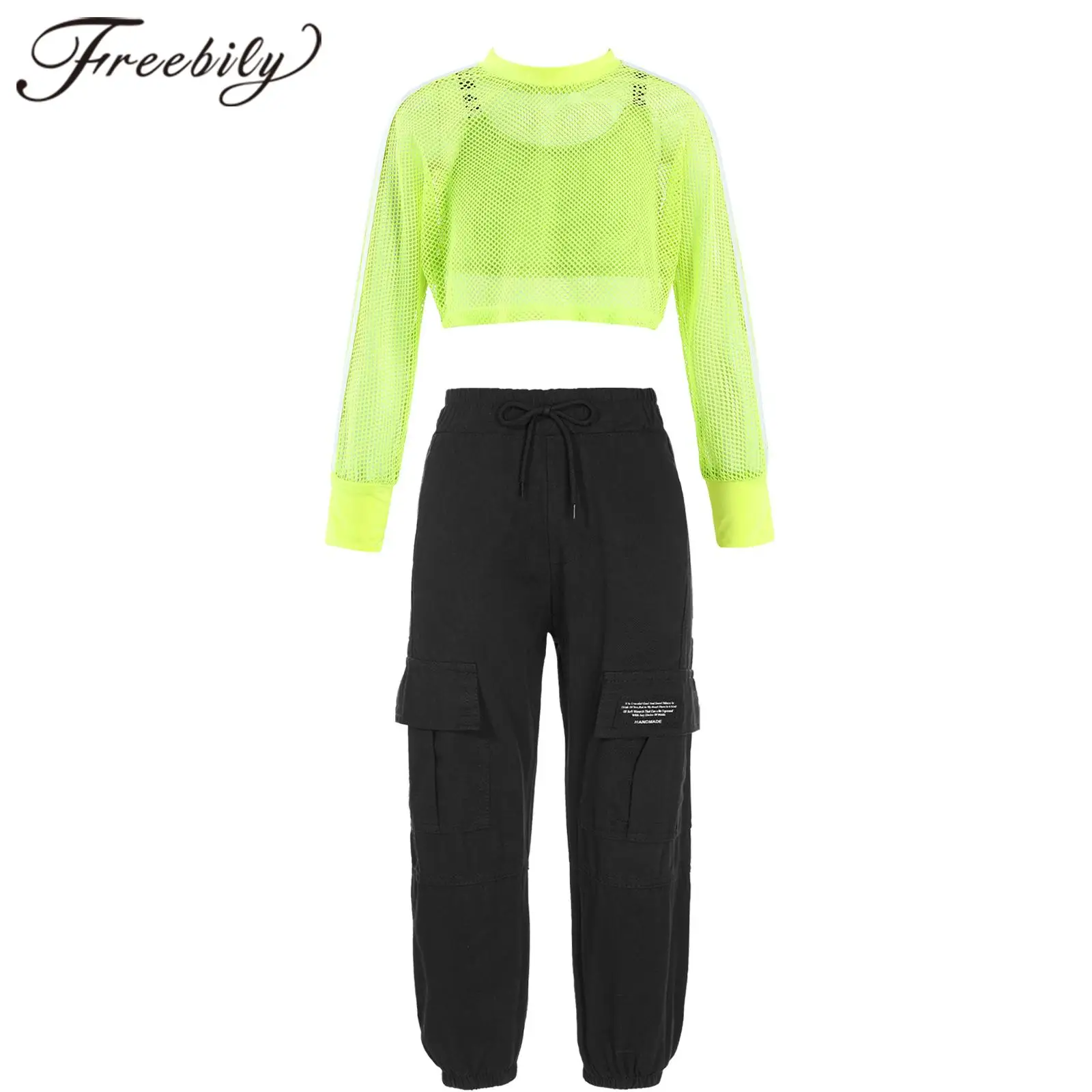 Children's Sports Suits 3Pcs Kids Girls Hip-Hop Clothes Sets Long Sleeve Crop Top Cargo Pants Fashion Girl's Jazz Dance Outfit