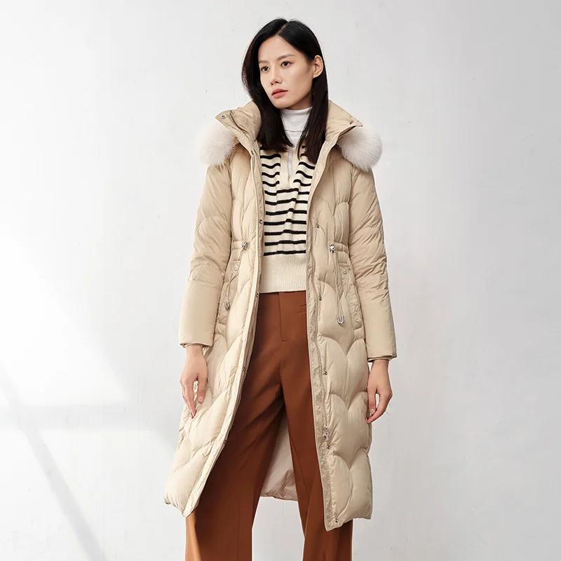 Chericom Winter Down Jacket Detachable Fox Fur Hood Trim Chevron Quilted Drawstring Multiple Pockets Padding Jackets Y299227B