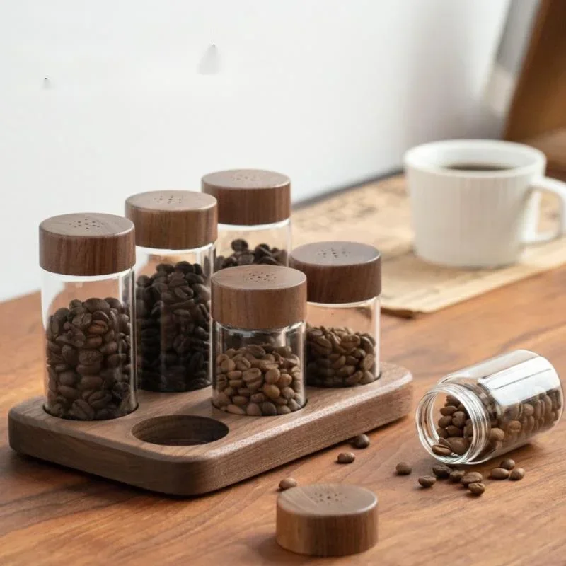 

Walnut Coffee Bean Glass Storage Jar One-way Exhaust Distribution Bottle Mini Coffee Powder Sealed Jar Storage Base