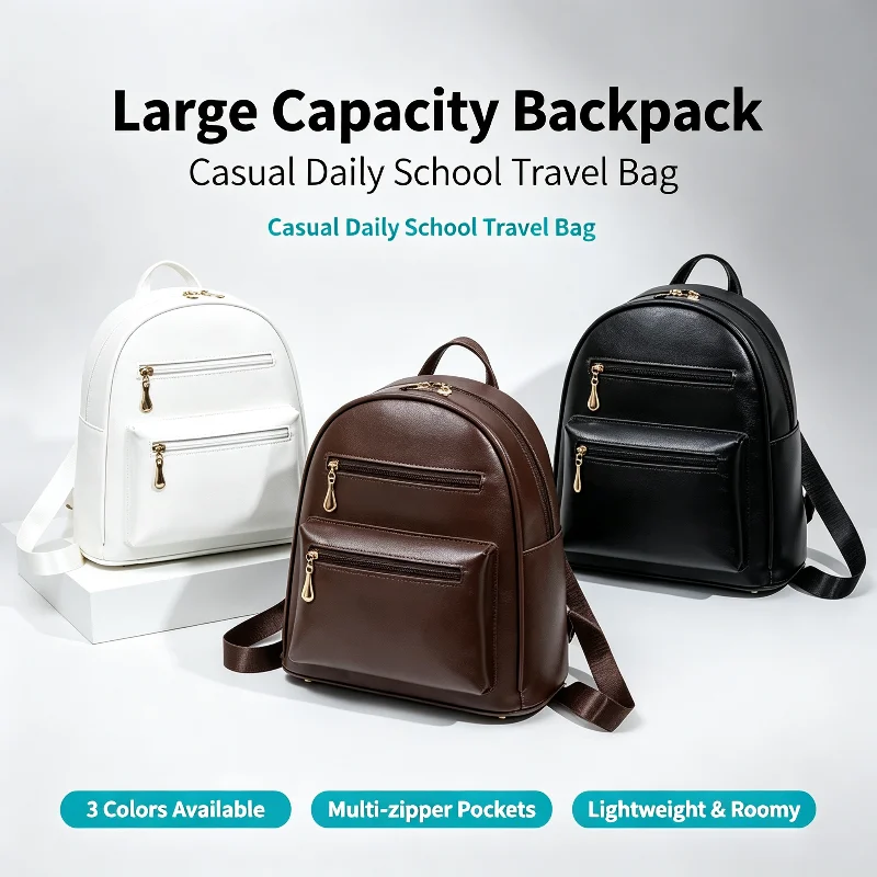 New Backpack Luxury Fashion Solid Color Women's Backpack PU High Quality Casual Women's Backpack Light and Large Capacity