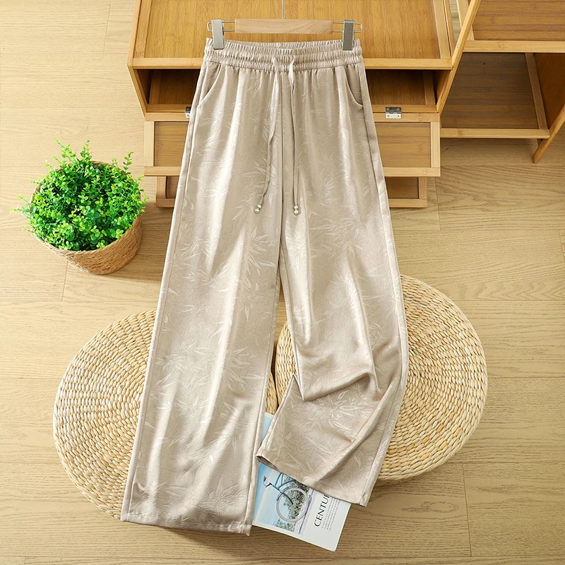 

High Waist Wide Leg Straight Cut Pants Floral Embossed Acetate Satin Ice Silk Skin-friendly Thin Style Chinese Style Ladies T...