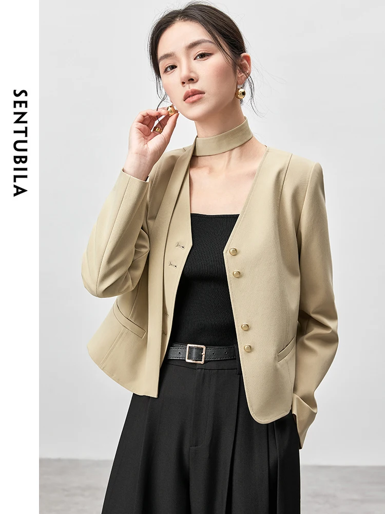 SENTUBILA V Neck Ribbons Cropped Blazer Jackets for Women 2024 Fall Fashion Pad Shoulder Coat Woman Autumn Clothing 143W55906