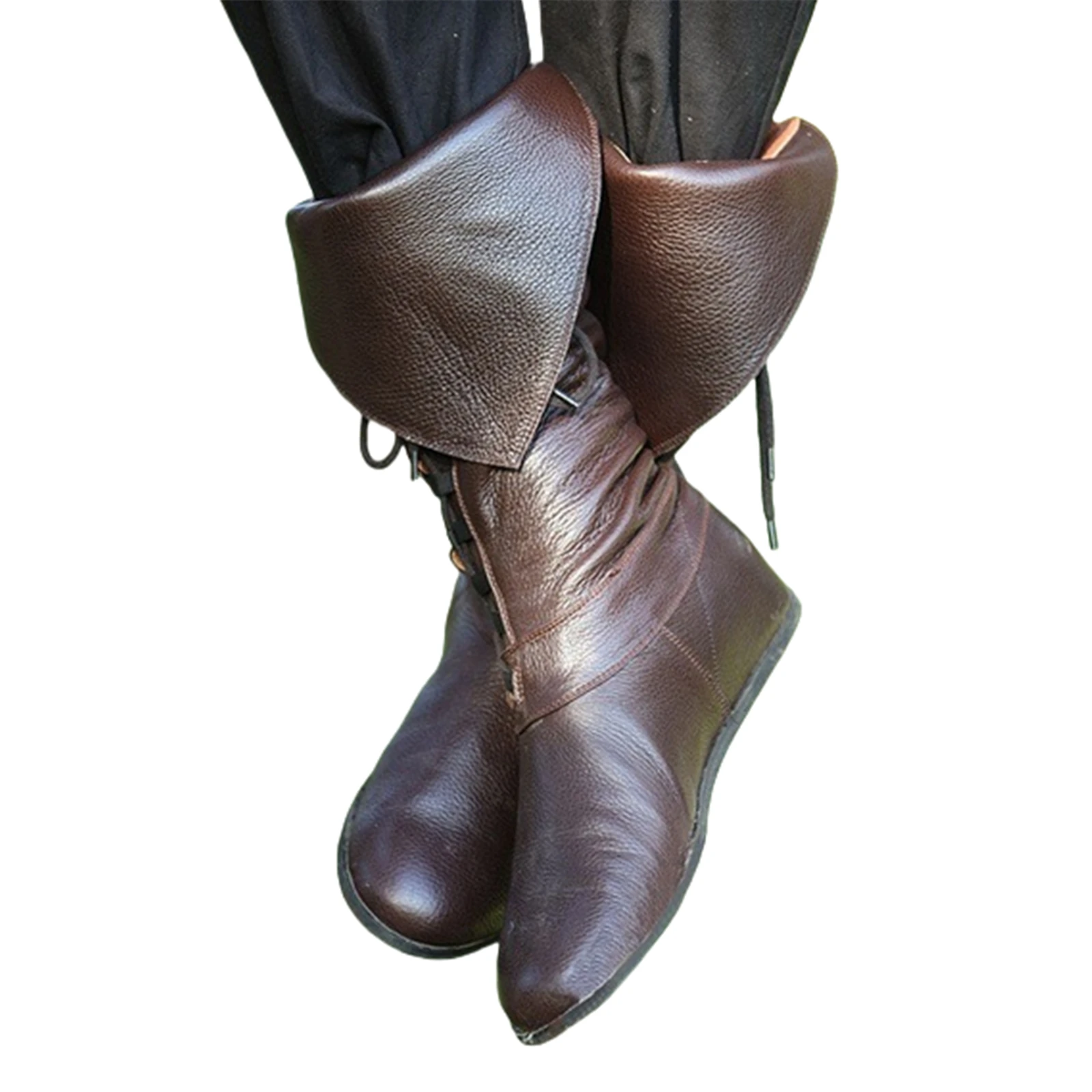 Flache Schnürsenkel mittelalterliche Herren Leder Schnürstiefel Wikinger Pirat Steampunk Reiten lange Stiefel für Halloween Party