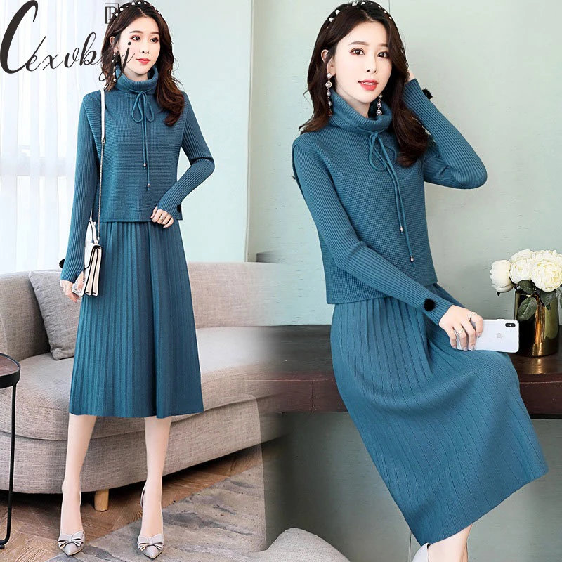 

Autumn Winter Knitted Dress Suit Women Turtleneck Casual Sweater Vest +Solid Color Round Neck Knitwear Dress Vintage 2 Peice Set