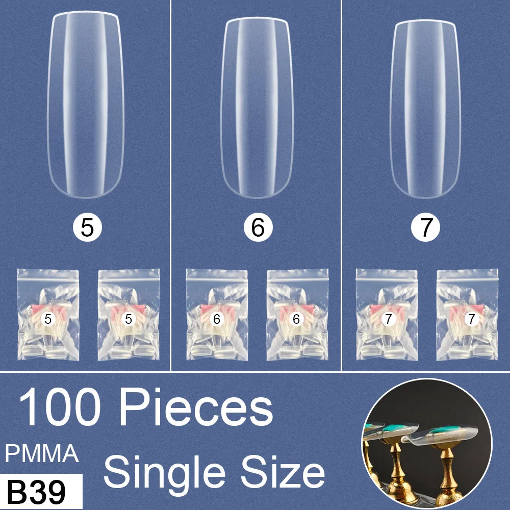 

B39 Long Square 100 Pieces PMMA Soft Gel Tips Single Size False Nail Tips Refill Pack Full Cover Nail Extension Polish Display
