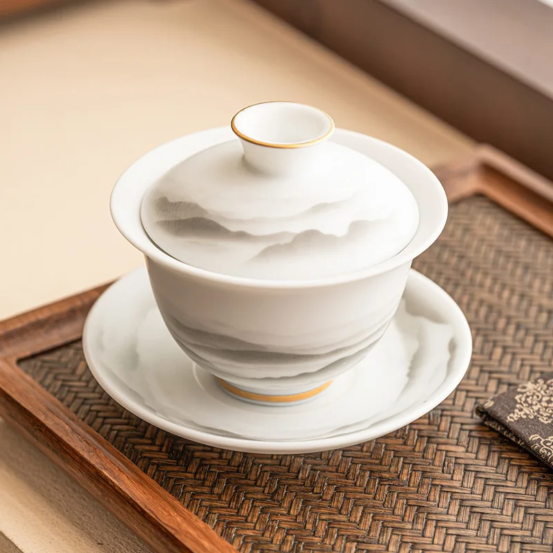 Ink Landscape Goat Fat Jade Three Covered Bowl Chinese Kung Fu Tea Set Vegetarian White Porcelain Tea Bowl Single High-grade