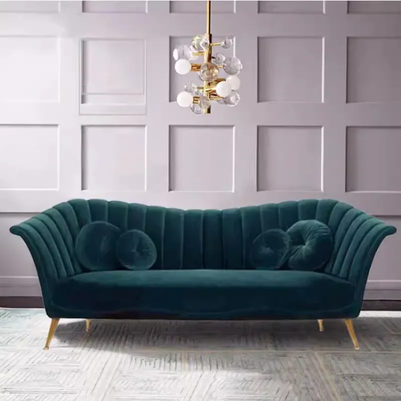 Nordic light luxury small apartment dark green velvet fabric double three-person sofa, post-modern simple and fashionable