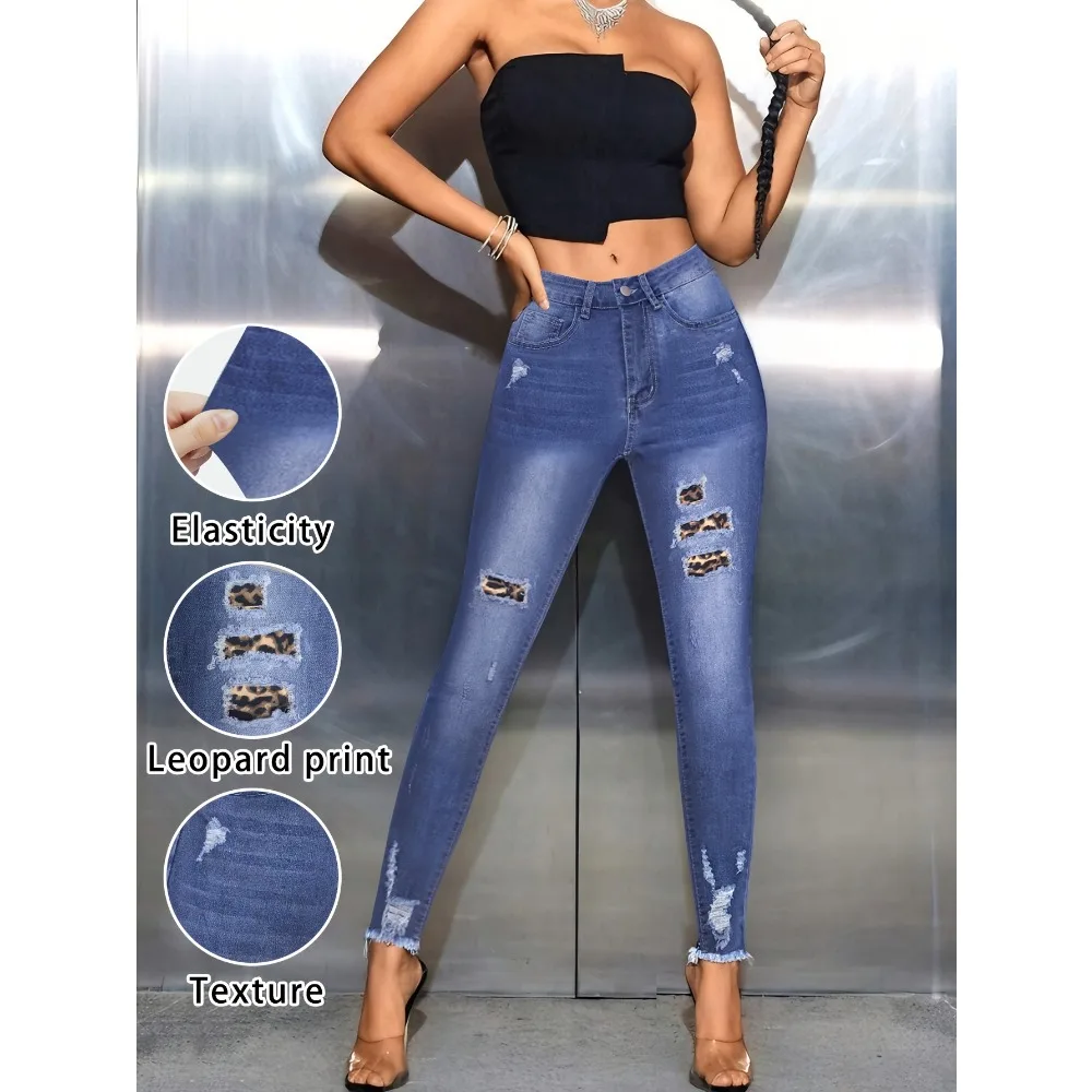 Hot girl washed blue hole leopard print patch tight-fitting jeans, raw edge elastic slim ladies denim trousers,