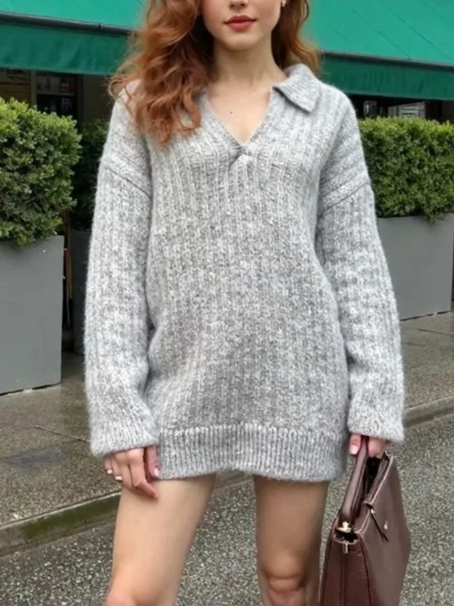 TWOTWINSTYLE Ufficio Minimalista Maglione ad ago spesso per le donne Risvolto Manica lunga Temperamento casual Tunica Orlo Maglieria Donna Nuovo