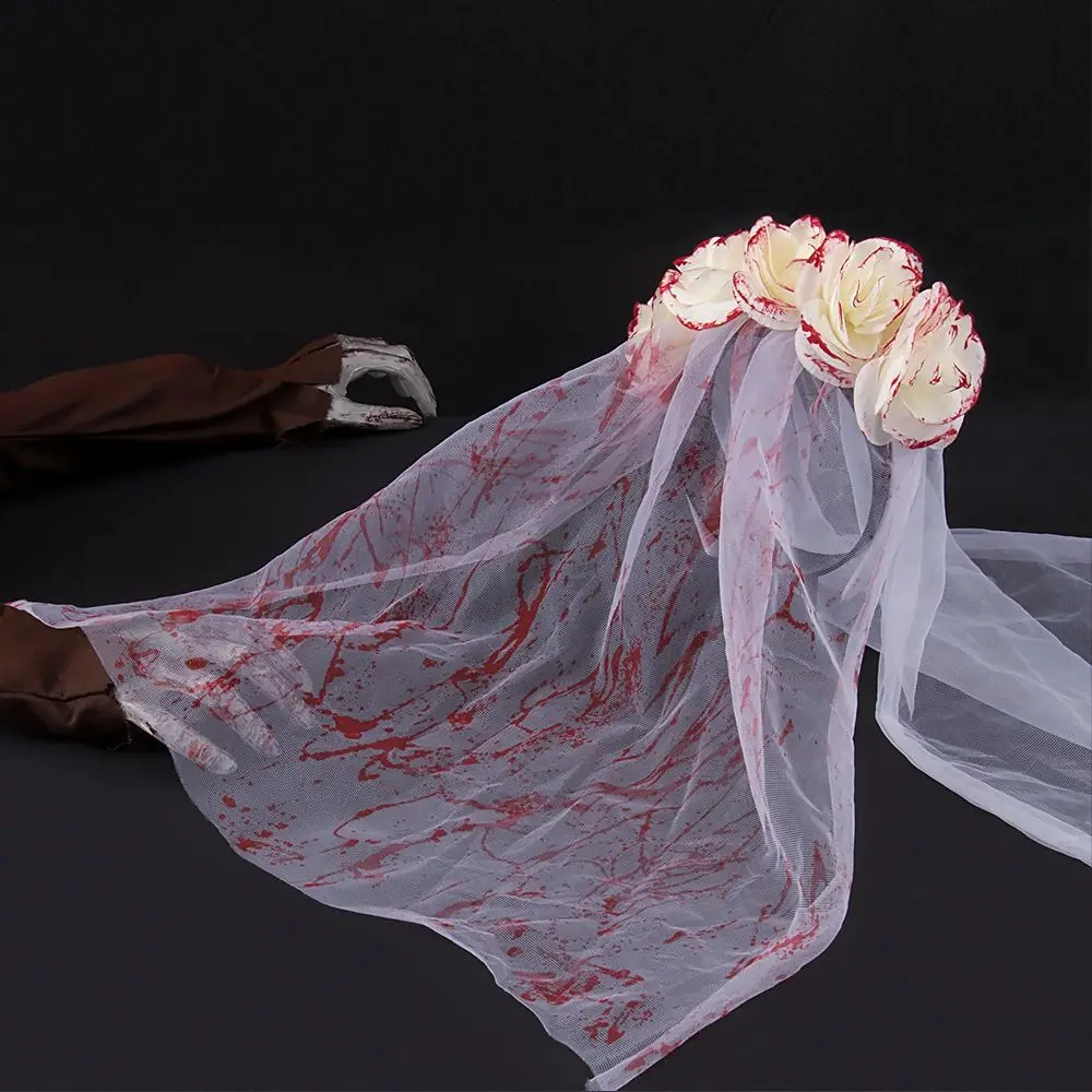 Rose Flower Halloween copricapo da sposa Mesh Blood Women Hair Hoop Costume Cosplay Ghost Bride Halloween Hairband Mask Set Girls