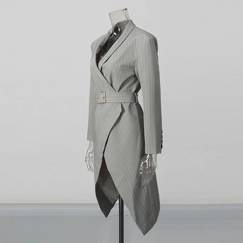 HKSH Women Long Blazer Stylish Elegant Stripe Sashes Design Waist Cinching Patchwork Niche High Street Fashion Suit-Coat HK28154