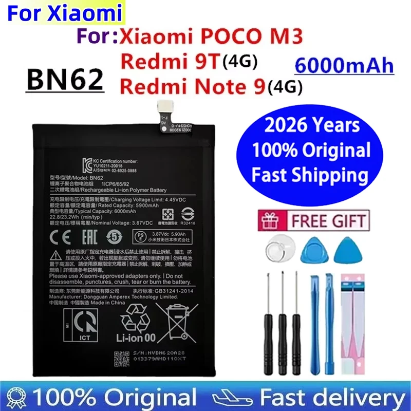 Batería de Teléfono BN62 de 6000mAh 100% Original para Xiaomi Pocophone POCO M3 Redmi 9T Note 9 4G, Años 2026, Baterías de Alta Calidad