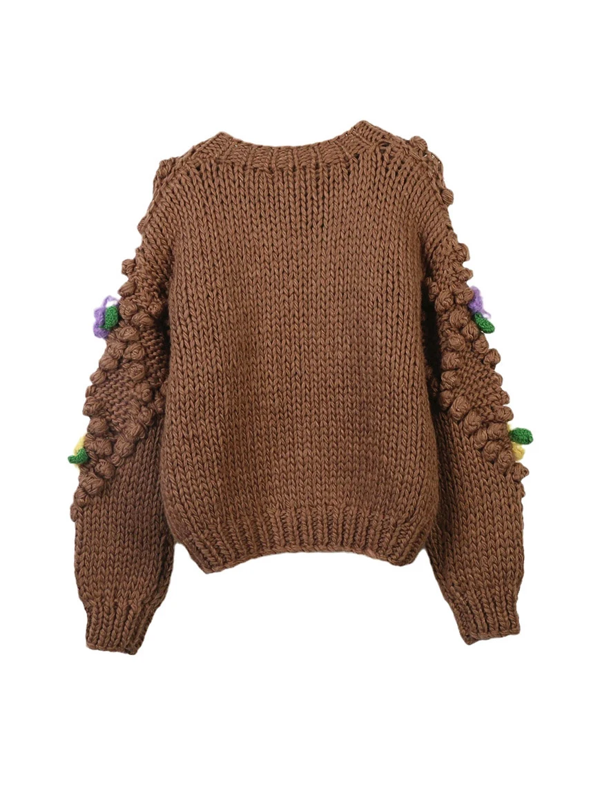 2024 fall Winter Women\'s Sweater O Neck Long-sleeved Flower Splicing Loose Retro Knitted Cardigan Thick Warm Sweaters Top C-266