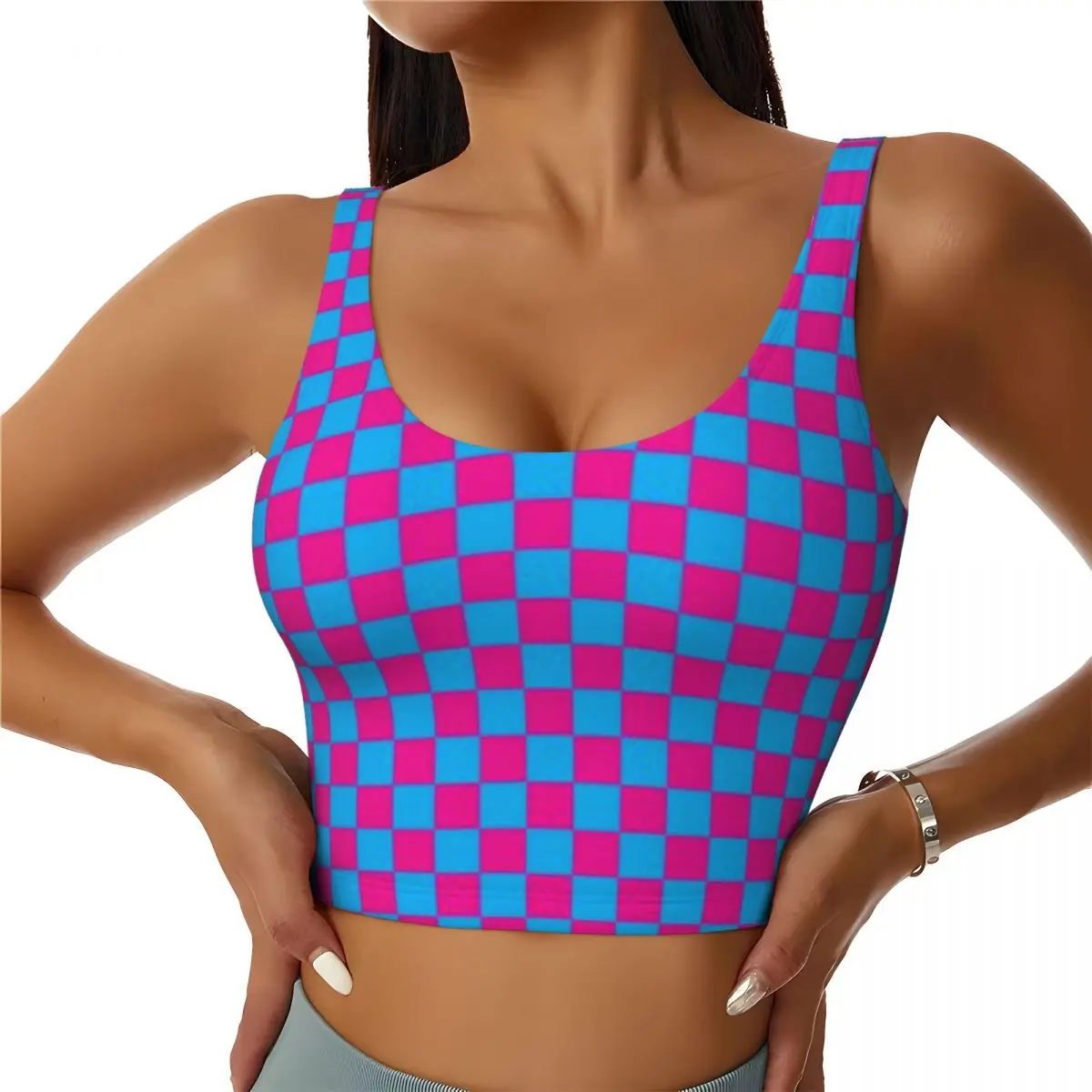 Casual Sports Camisole Electric Pink Blue Checkers Resort Daily Outfit Nylon Spandex Top
