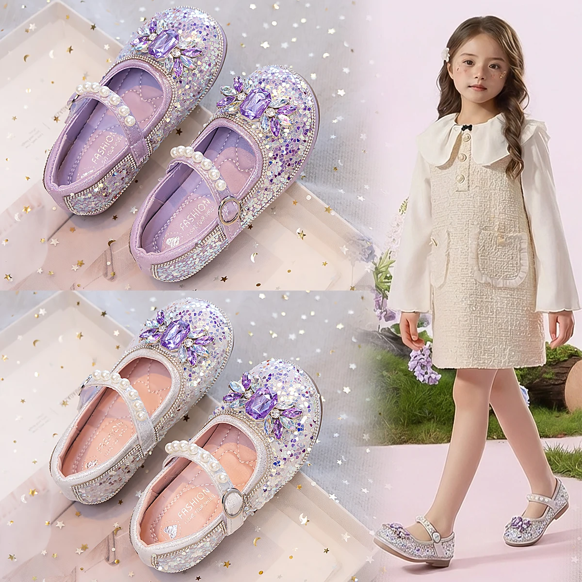 

Little Girls Crystal Leather Shoes 2026 New Summer Kids Glitter Rhinestone Sandals Soft Sole Trendy Princess Party Wedding Shoes