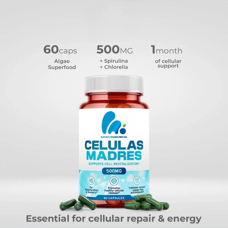 Cápsulas de suplemento de células de tallo 500 mg: soporte antienvejecimiento, contiene células de espirulina y clorella para soporte de renovación de articulaciones