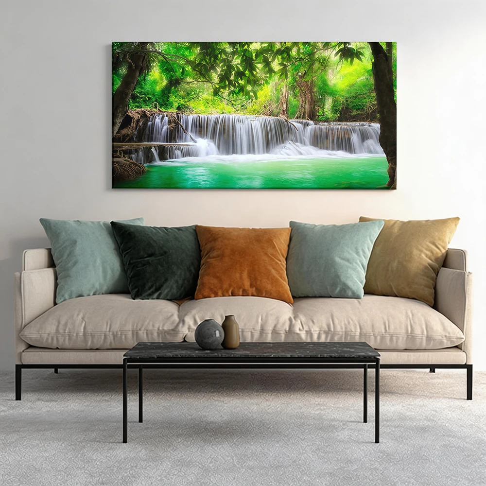 

Large-sized solid wood frame canvas painting 1pc Waterfall in lush greenery.